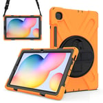 Junfire Samsung Galaxy Tab S6 Lite Case 10.4 inch 2020, Heavy Duty Kids Shockproof Cover with Rotating Kickstand Shoulder Hand Strap Pen Holder for Samsung S6 Lite Tablet Case SM-P610/P615, Orange