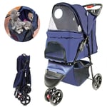 YGWL Pet Stroller,Foldabledogs Cats Trolley,Rear Wheel Brake with Rain Cover,Mattress Included,for Cats and Dogs Up to 15KG,Blue