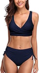 Maillot de Bain Femme 2 Pièces Bikini Taille Haute Maillot de Bain Ventre Plat Col V Push Up à Torsion Frontale String Thong Laçage Latéral