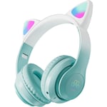 Gröna barn hörlurar, trådlösa Bluetooth-hörlurar för barn, tonåringar och vuxna, over-ear Bluetooth-hörlurar med mikrofon, kattöron hörlurar för flickor