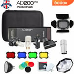 UK Godox 2.4G TTL HSS 1/8000s AD200pro Pocket Flash+Barn door softbox Reflector