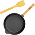 Poêle en fonte de 28 cm de 70 mm de haut avec manche en bois- Poele ronde avec spatule - Poêle à frire à induction - Convient pour barbecue à gaz, four, foyer et tous feux dont induction