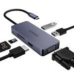 Hub USB C 6 en 1 USB C vers HDMI Dual Monitor USB C Adaptateur avec 4K HDMI, VGA, USB A, SD/TF Lecteur de Carte pour MacBook Pro/Air, Dell, HP, Surface