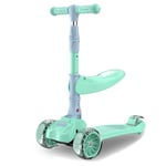 NEWCURLER 2-in-1 Kick Scooter with Removable Seat Great Adjustable Height w/Extra-Wide Deck PU Flashing Wheels for Children from 2-14 Years Old Folding scooter,Green