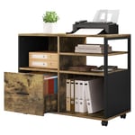 WOLTU Caisson Bureau, Meuble Rangement Bureau Mobile, Rangement Bureau sur roulettes, avec 1 Tiroir et 4 Compartiments Ouverts, Noir et Marron Rustique, ASK05hov