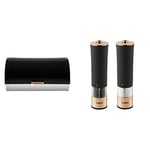 Tower Linear Roll Top Bread Bin, Stainless Steel, Black and Rose Gold & Electric Salt and Pepper Mill, Stainless Steel, Soft-Touch Body, Rose Gold and Black