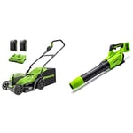 Greenworks 2x24V 36cm Battery Lawnmower GD24X2LM36K2xwith 2x2Ah Battery and Dual Slot Charger & 2x24V Axial Leaf Blower GD24X2AB Tool Only