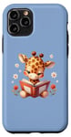 Coque pour iPhone 11 Pro Girafe bleue lisant un livre sur le thème de la forêt enchantée