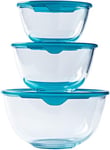 Pyrex - Set of 3 Resistant Glass Mixing/Salad Bowls with Lids - 0.5L - 1L - 2L -