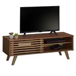 IDIMEX Meuble TV Sean Banc télé de 115 cm au Design Vintage avec 4 niches et 1 Porte coulissante ajourée, en pin Massif lasuré Brun foncé