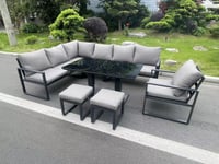 Aluminum Outdoor Garden Furniture Corner Sofa Chair Footstools Adjustable Rising Lifting Dining Table Sets Black Tempered Glass 9 Seater
