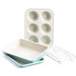 GreenLife Mini Set de Four 4 Pièces pour Grille-Pain Four en Céramique Antiadhésive, Moule à 6 Muffins,Moule à Gâteau Rectangulaire,Plaque de Four et Grille de Refroidissement,Sans PFAS,Four,Turquoise