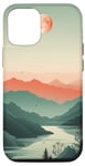 Coque pour iPhone 13 Pro Minimal Vert Sauge Montagne Soleil Coucher de Soleil Boho Chic Esthétique
