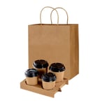 4 Hole Takeaway Cup Holder Tray Kraft Paper Tote Bags Cardboard Carrier Bags Handle Paper Drink Carrier Tea Coffee Hot &Cold Drinks ECO BIO Friendly Shops Restaurants