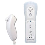 Télécommande Wiimote plus (Motion plus intégré) + Nunchuk compatible pour Nintendo Wii et Wii U avec Etui de Protection en Silicone HobbyTech Blanc