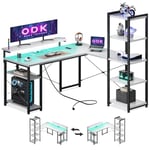ODK Bureau d'angle Informatique Réversible de avec Bibliothèque, Bureau avec Long Support de Moniteur Réglable (Blanc, 140cm avec LED & 2 Prises de Courant)