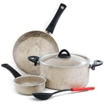 Non-Stick Cookware Set 5pc Cream Pots Pans Set With Lid Cooking Gas Electric