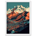 Modern City Surrounded by Tall Mountains Landscape Artwork Framed Wall Art Print A4