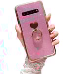 Case för Samsung Galaxy S10 (ej S10 Plus) Flickor Kvinnor Söt Lyx Glitter Glänsande Glittrande Skal Med Ring Ställ Hjärta Slank Mjuk Stötsäker Skydd P