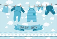 HD 7x5ft Polyester Photography Backdrop Baby Shower Boy Rompers Socks Pants Napkin on Clothesline White Clouds Background for Birthday Party Banner Picture Taking Youtube Photo Studio Props