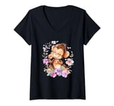 Womens baby monkey with flowers cute lil ape monkeys daughter V-Neck T-Shirt