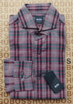 New Hugo BOSS mens red checked regular fit Italian casual smart suit shirt SMALL