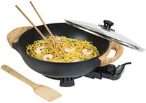 Bestron AEW100AS Wok électrique avec poignées en bambou, poêle wok XL avec couvercle en verre au design asiatique, spatule en bambou, 2 baguettes et livre de recettes 1500 W, noir, métal, 5 litres