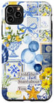 Coque pour iPhone 11 Pro Max Motif de carreaux italiens d'été avec nœuds et coquillages bleus citrons