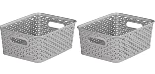 2x Curver Nestable Rattan Basket Small Storage Plastic Wicker Tray 8L - Grey