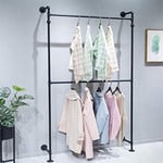 WFDERAN Industrial Pipe Clothing Rack,Wall Mounted Iron Garment Bar, Multi-Purpose Hanging Rod for Closet Storage Clothes,Hallway/Entryway Free Standing Display Rack (Black)