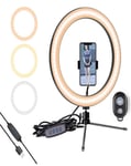 FFZH Ring Light With Tripod Stand & Phone Holder Bluetooth Ring light, with tripod phone holder and Bluetooth remote control, with 3 dimmable lighting modes and 10 brightness,flat ring light