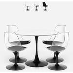 Table ronde 120cm + 4 chaises Tulipan polycarbonate blanc noir Crayon+ Couleur: Transparent - Noir