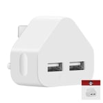 IWIO 3 Pin UK Plug 2 x USB Ports Mains Charger Adapter Dual 2.1AMP 2100mAh Fast Speed Universal Travel USB Wall Charger compatible with OnePlus Nord N10 5G 2020 - WHITE