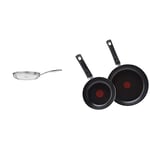 Tramontina Grano Frying Pan Stainless Steel for Induction, Electric, Gas and Ceramic Glass Hobs, ‎Cookware, Kitchen, 26 cm, 2.2L & Tefal Aluminium Non-Stick 20cm & 28cm Frying Pan Twin Pack, Black