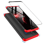 JOYTAG Compatible For Samsung A71 4G case, Tempered glass film 360 degrees ultra thin Matte All-inclusive Protection 3 in 1 PC Phone case cover-Red Black