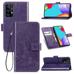 Flip Case for Samsung Galaxy A52 5G, Embossed Floral Patterns Premium Leather Magnetic Flip Wallet Case with [Card Slot] [Kickstand][Wrist Strap] for Samsung Galaxy A52 (Purple)