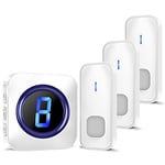 Wireless Doorbell, 1,300ft Long Range Cordless Battery Operated Door Bells, IP55 Waterproof Electric Door Chime with 3 Push Buttons, LED Flash Number Display, 5 Levels Volume, 55 Melodies