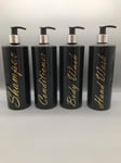 Mrs Hinch Inspired Set of 4 Black Personalised Pump Bottles Bathroom Kitchen Set Shampoo Conditioner Body Wash and Hand wash (Gold writing)