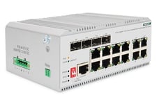 DIGITUS Switch réseau Industriel administrable 12 Ports Gigabit Ethernet PoE - 8X RJ45 + 4X SFP/RJ45 Combo - 185W PoE Budget - L2 administrable - 10/100/1000 Mbps - Montage sur Rail DIN