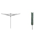 Addis 40m 4 Arm Rotary Washing Line (Grey) Multiple Tension Adjustment, Folding Outdoor Rotating Clothes Dryer & Ground Spike MOB, Metallic and Rotary Airer Cover in Leaf pattern (Green)