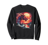 mythical fierce red Asian dragon lake night sky moon stars Sweatshirt