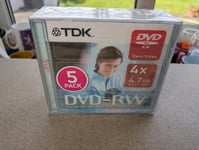 5 Pack TDK DVD-RW 4.7 GB 4x Speed DVD Single Sided Rewritable New + Sealed