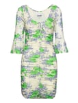 Printed Mesh U-Neck Ruched Mini Dress Green Ganni