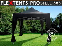 Quick-up telt FleXtents PRO Steel 3x3m Svart, inkl. 4 dekorative gardiner