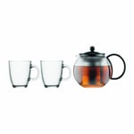 Bodum ASSAM SET Tea Press (Stainless Steel Filter, 1.0 L/34 oz) and 2 Mugs (0.35 L/12 oz) - Black