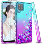 LeYi for Samsung Galaxy A12/M12 Case and 2 Tempered Glass Screen Protector,Girl Clear Funny Glitter Sparkly Crystal Quicksand Cute Silicone TPU Shockproof Hard Phone Cover for Samsung A12 Green Purple