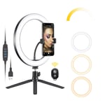 Neewer 10-inch USB LED Ring Light with Tripod Stand, 3 Light Modes/10 Brightness Level for YouTube Tiktok Video Makeup Selfie Live Streaming Photography, Flexible Phone Holder and Remote Included