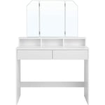 Coiffeuse avec 3 Miroirs, 2 tiroirs et 3 Compartiments de Rangement, sans tabouret, 100 x 40 x 142 cm, Style Moderne, Blanc