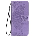 LEYAN Case for Xiaomi Redmi 9AT, TPU/PU Flip Leather Butterfly Embossed Wallet Cover, Magnetic Closure Phone Shell with Cash & Card Slots, Purple
