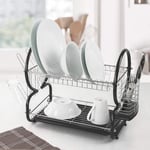 SQ Professional 2 Tier Dish Drainer Rack with Drip Tray (Black)